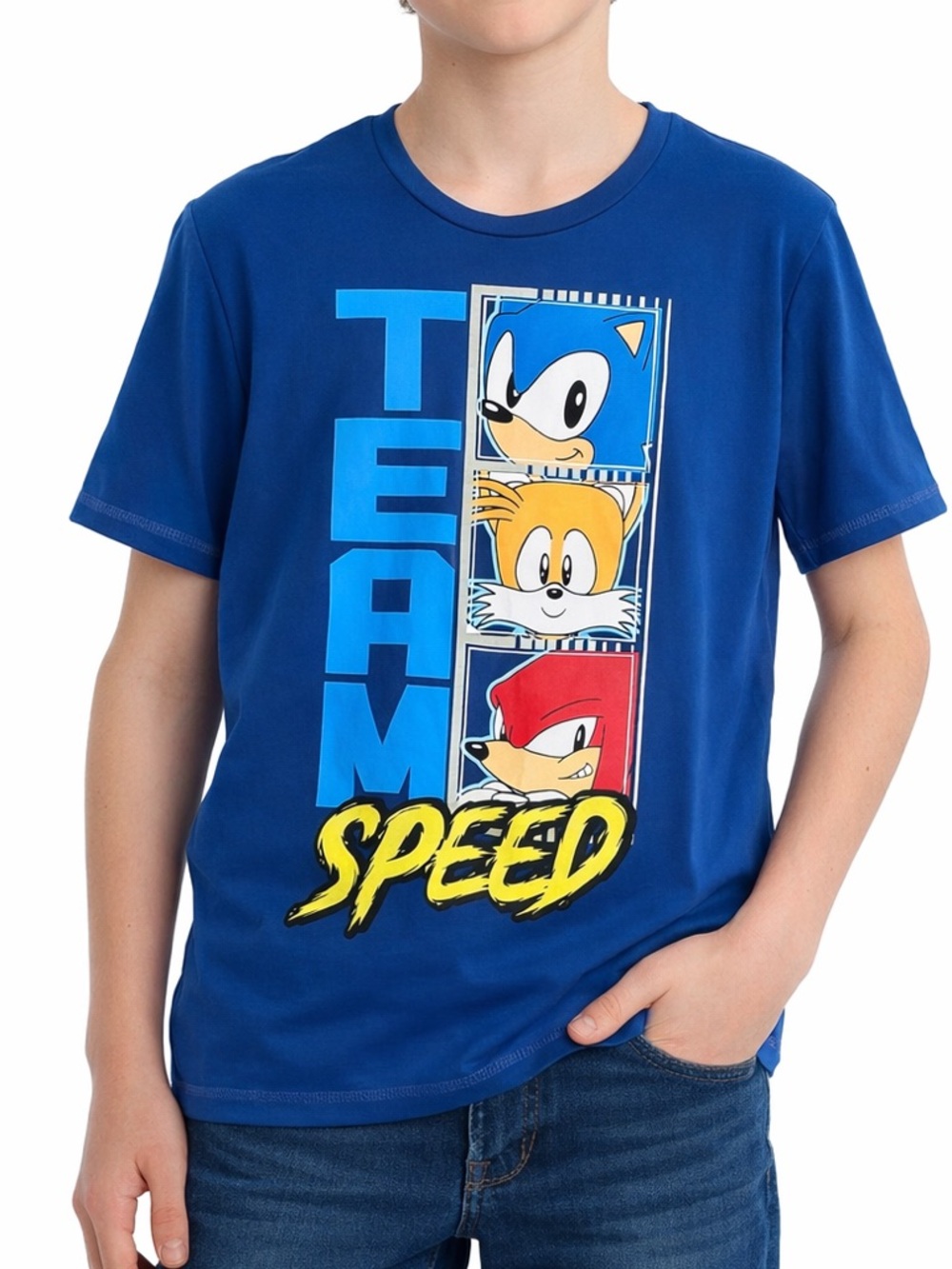 Sonic the Hedgehog Team Speed Graphic Tee Youth 14/16 Blue Tails Knuckles Shirt